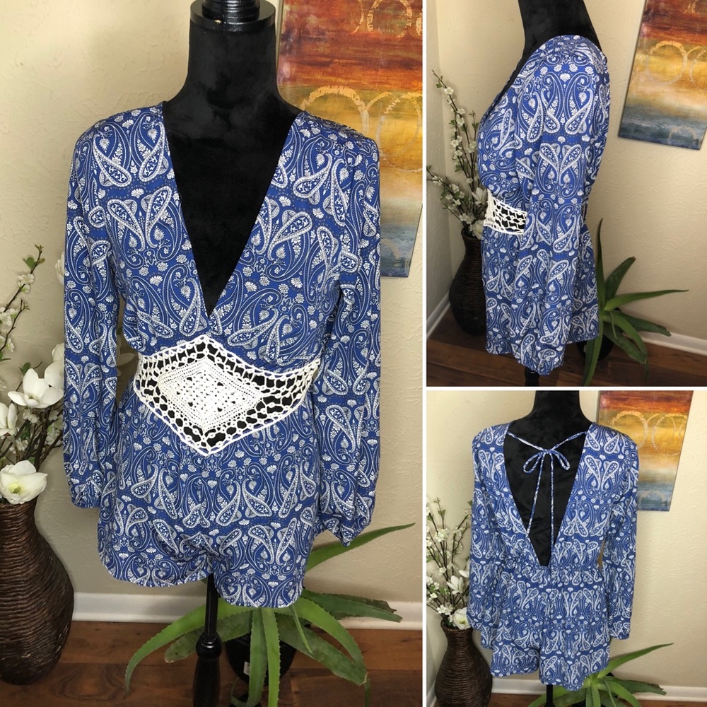 Blush Paisley Print Blue Long sleeve V-neck Romper w/ Crochet Detail Waist